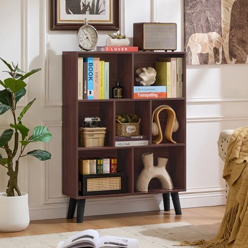 LEYAOYAO Cube Bookshelf, Mid-Century Modern Book Shelf with Legs, Walnut