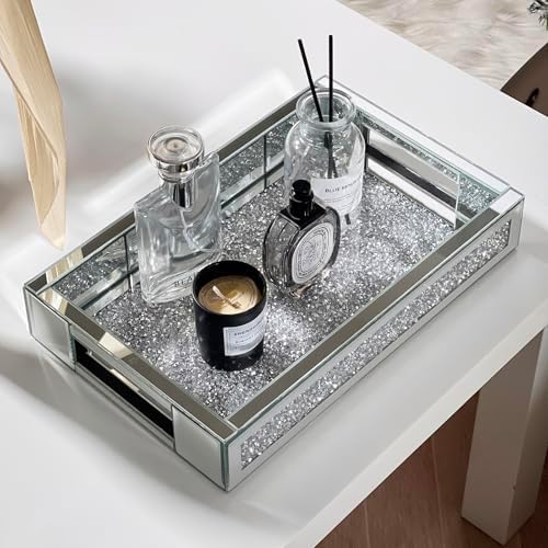 Rectangle Glass Tray with Handles for Dresser, Mirror Makeup Organizer Perfume Display, Crushed Diamond Home Decor Accen