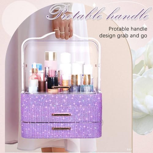 Honeydak Rhinestone Makeup Organizer with 2 Drawers Lid, Purple, Rhinestone