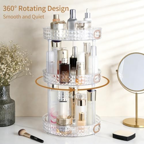 360 Rotating Makeup Organizer, 3 Tier, Diamond Pattern, Clear