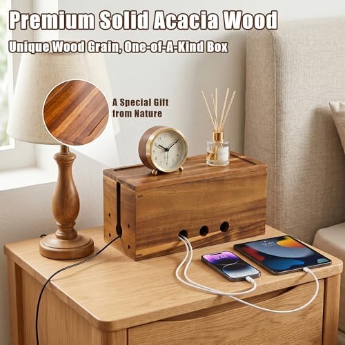 Extra Large Acacia Wood Cable Management Box, Pet Child Safe Cord Hider