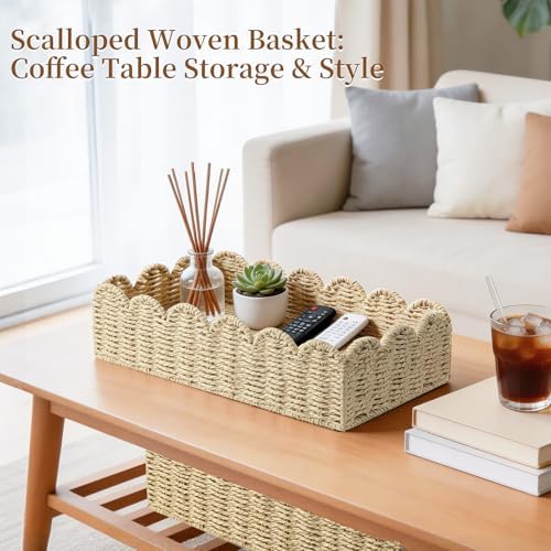 Upgraded Scalloped Wicker Toilet Paper Storage Basket, Handwoven Paper Rope Organizer for Toilet Tank & Shelves, Living Room, Bedroom & Entryway, Decorative Woven Bin, Beige L