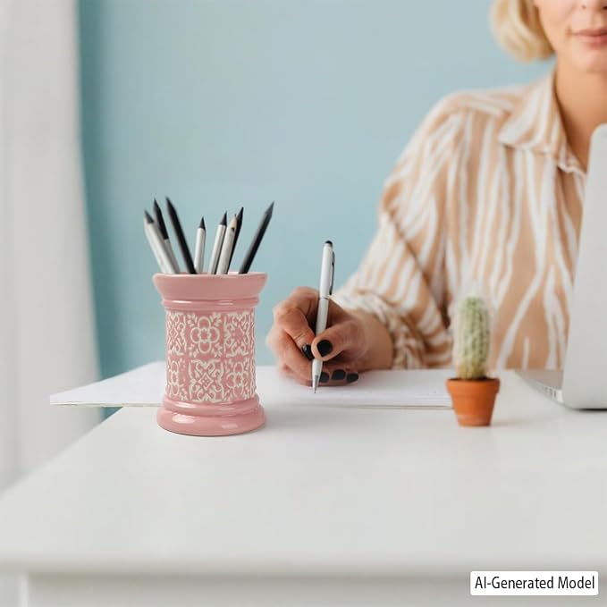 Printed Pencil Holder, Cute Pen Holder for Desk, Ceramic Carved Cylinder Pencil Holder, Office Decoration Container Islamic Style(Pink)