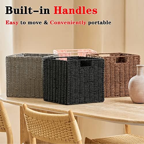 Vagusicc Wicker Storage Basket, Set of 2 Hand-Woven Wicker Basket, Foldable Cube Storage Bin, Black Storage Basket, Squa