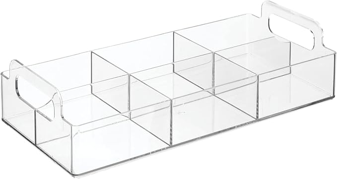 mDesign Compact Plastic Tea Storage Organizer Caddy Tote Bin - 6 Divided Sections, Built-in Handles - Holder for Tea Bags, Packets, Sweeteners and Small Packets - Lumiere Collection - Clear