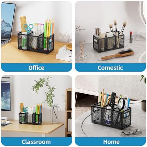 Marbrasse Mesh Pen Holder for Desk, Pencil Holder Desk Organizer 3 Adjustable Compartments, Pencil Cup with Handle Perfect for Classroom, Office, Home, Makeup, Art (Black-2P)