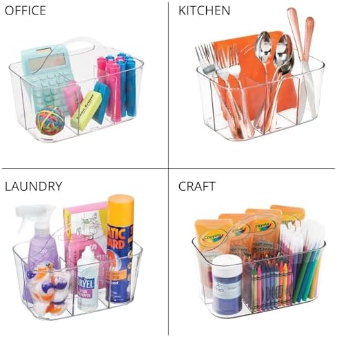 mDesign School Supplies Desk Organizer Tote for Scissors, Pens, Pencils, Notepads, Markers, Highlighters, Tape - Small, Clear