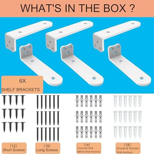Eurydice Heavy Duty Floating Shelf Brackets, 1/4 in Thick 6 in 6Pack White