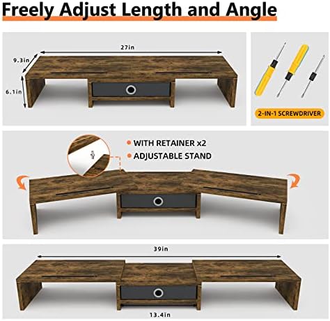 WESTREE Dual Monitor Stand Riser with Drawer, 3 Shelf Computer Monitor Riser with Adjustable Length and Angle, Desktop M