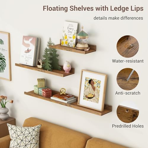 Axeman Picture Ledge Shelf, 16 Inch Brown Floating Shelves Set of 3