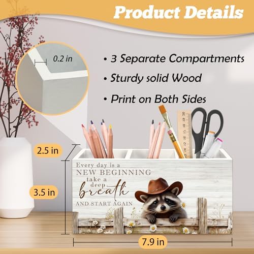 Inspirational Western Cowboy Raccoon Pen Holder Organizer for Desk Accessories, Farmhouse Daisy Floral Raccoon Affirmation Wooden Box Sign Desk Decorations for Home Office Decor
