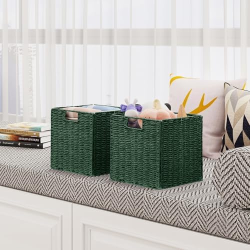 Vagusicc Wicker Storage Basket, Set of 2 Hand-Woven Paper Rope Wicker Baskets, Foldable Cube Storage Bins, Square Storag