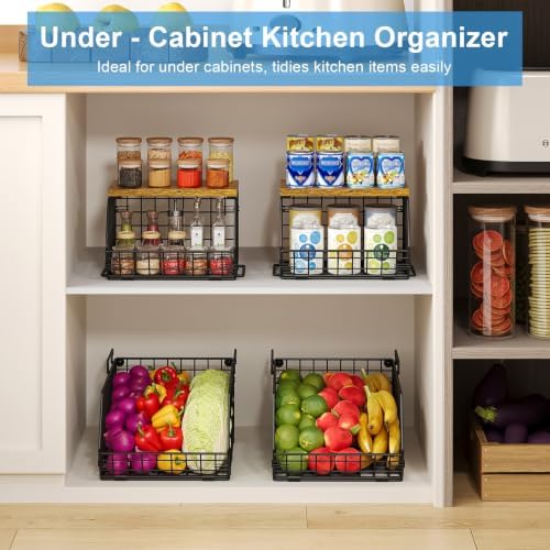 Potato and Onion Storage Bin with Wooden Top, 2-Tier Stackable Wire Basket