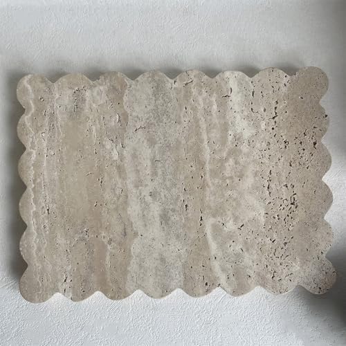 Natural Scalloped Marble Tray, 10.7"x7.87", Rectangle for Bathroom & Kitchen, Decorative for Dresser (Beige Travertine)