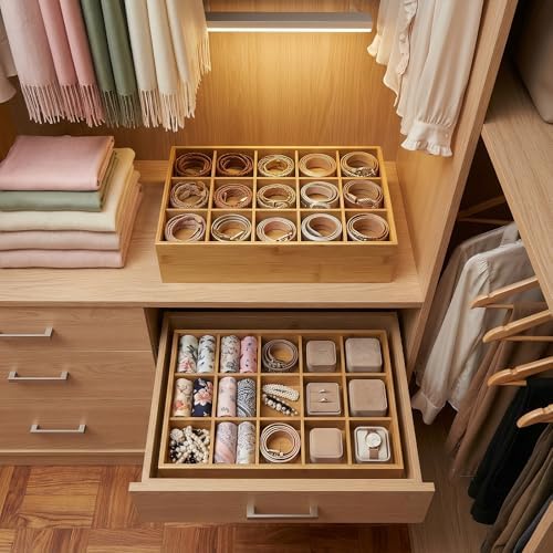 Bamboo Belt Organizer for Closet, Tie Storage Organizer Bins with Detachable Divider Drawer Organizer, Closet Organizers