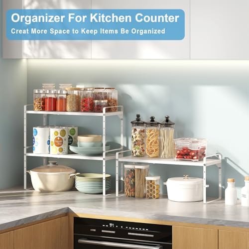 15.5 to 25.5 Inch Kitchen Cabinet Shelf Organizers, Adjustable Kitchen Counter Shelf Organizer, Set of 3 Expandable Coun