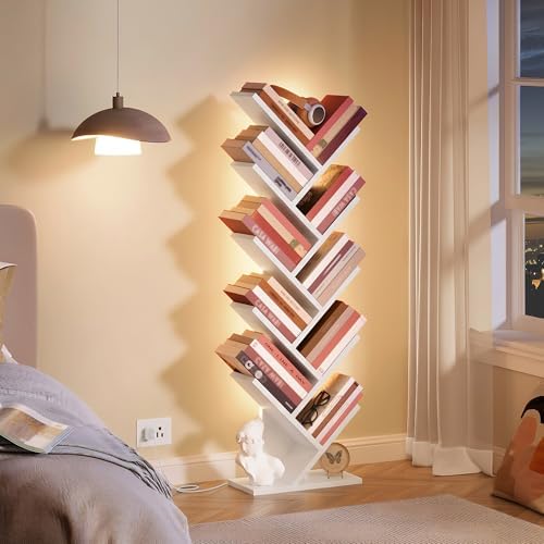 Hoctieon 10 Tier Tree Bookshelf with LED Lights, Small Bookcase, Freestanding Book Shelf, Display Floor Standing Storage