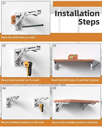 12-Inch Foldable Brackets for DIY Folding Shelves or Tables, L Shelf Brackets Collapsible, Heavy Duty Stainless Steel, M