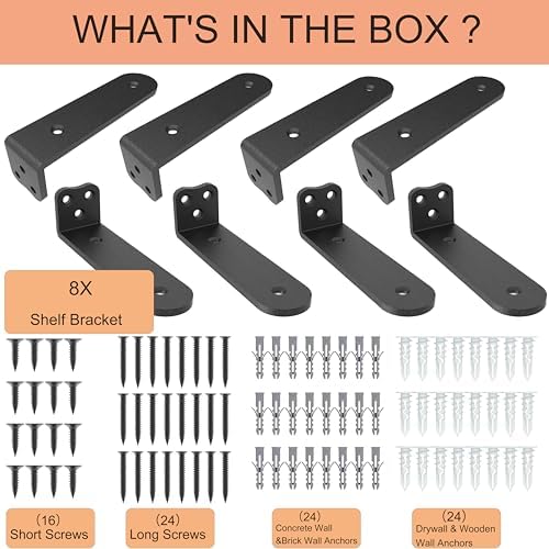 Eurydice Heavy Duty Floating Shelf Brackets, 1/4 in Thick 12 in 8Pack Black