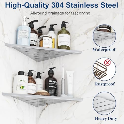 Qeke 12" Corner Shower Shelves 304 Stainless Steel, Brushed Nickel, 2 Pack
