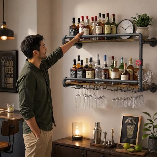 Merapi 2 Tier Floating Shelf Wine Rack with Stemware Holder