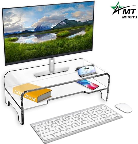 AMT Clear Acrylic Monitor Stand Riser 2 Tier, 5.5 Inches High Clear Computer Desk Organizer Shelf for Multi Media PC Sto