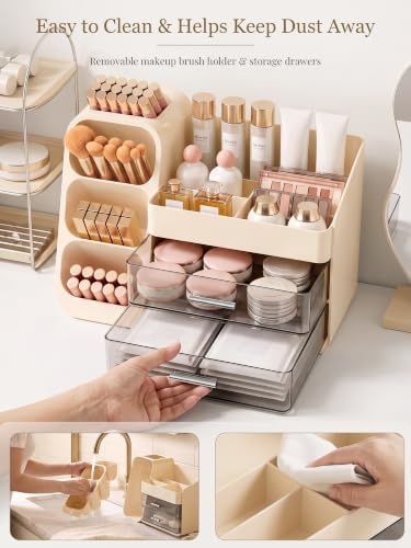 Booklov Large Makeup Organizer for Vanity Countertop, Cream
