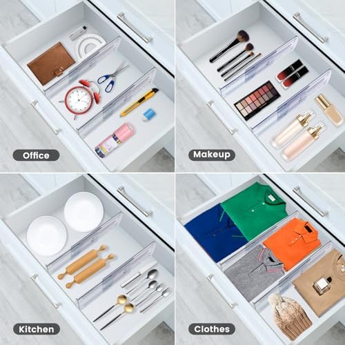 6 Pack Adjustable Drawer Dividers for Clothes,4" High Expandable From 13-21" Clear Drawer Organizers, PC Plastic Separat