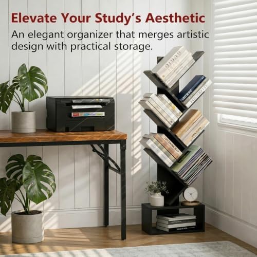 XBurmo 6 Tier Tree Bookshelf - Small Bookcase, Compact Book Tower with Drawer, Corner Bookshelf for Bedroom, Living Room