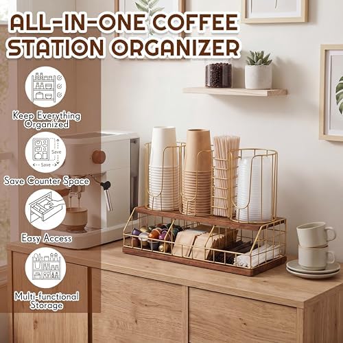 Geelin 18oz Adjustable Coffee Cup Dispenser with Wooden Base, Cup and Lid Holder, Cups Holder Organizer for Coffee Pod S