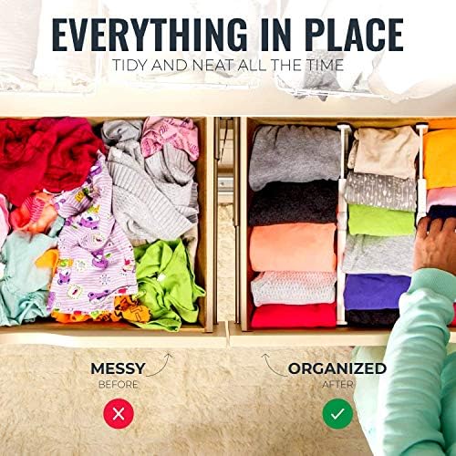 RAPTUROUS Deep Drawer Dividers 8 Pack, 5 Inch Tall, 13-22 Inch Long Expandable, Adjustable Drawer Organizer for Clothing, Dresser, Kitchen, Strong Hold, Soft Foam Edges, White