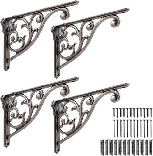 Khtumeware Ornate Decorative Shelf Brackets, 5x3.5 inch Small wall Mounted Shelving Bracket, 2 Pack Antique Silver Vinta