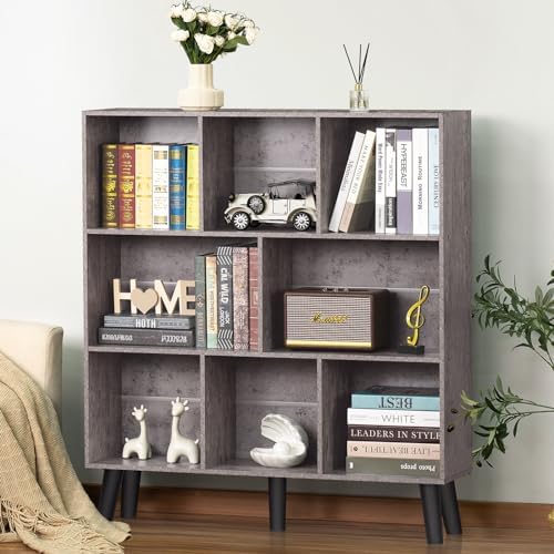 LEYAOYAO 8 Cube Bookshelf,Mid-Century Modern Bookcase with Legs,Dirty Grey
