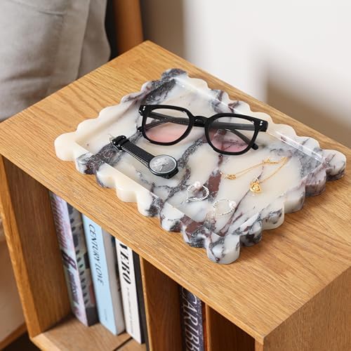 Luxury Calacatta Marble Tray 11" x 8", Marble Vanity Tray for Countertop Bathroom Dresser Kitchen, Scalloped Natural Sto