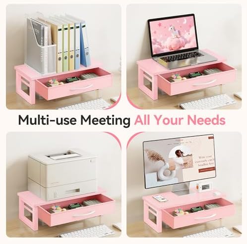 Desk Organizers and Accessories, Computer Monitor Stand Riser with Fabric Drawer, 2-Tier Laptop Stand for Desk, Office O