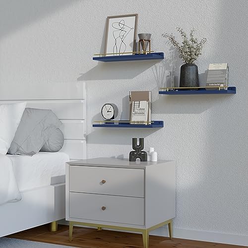 WOPITUES Floating Shelves for Wall Decor Set of 3, Gold in Navy Blue