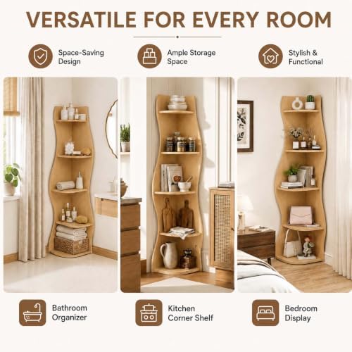 5-Tier Wavy Corner Shelf with Curvy Shape for Small Spacem, Natural Wood