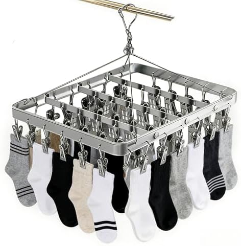 Pants Hanger Clothes Drying Racks Clip Hangers Metal with 36 Clips Windproof Hook Underwear Hanger Foldable Laundry Clip for Socks Bras (Silver)