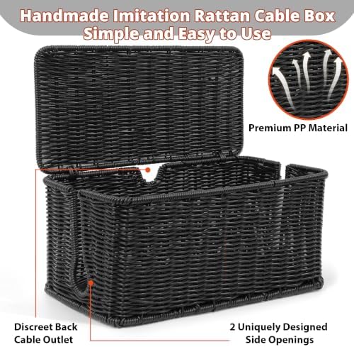 ZhiYo Rattan Cable Management Box, Black Desk Cord Organizer, 2 Pack (M&L)