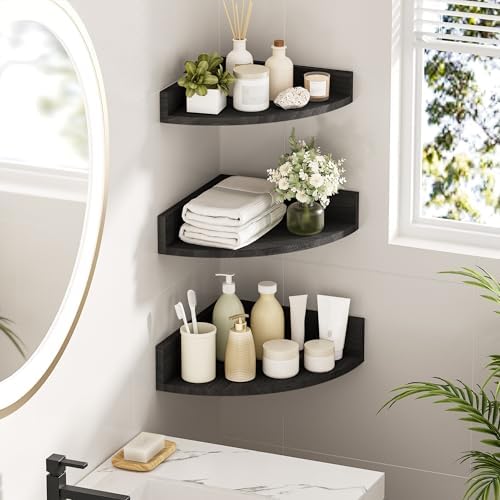 Alsonerbay Wood Corner Floating Shelves with Graduated Size 3-Pack, Black