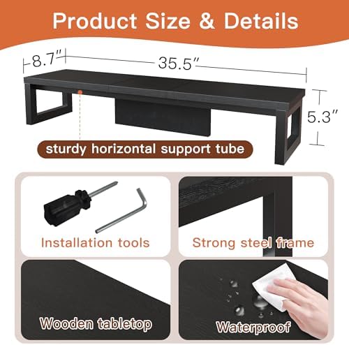 Dual Monitor Stand Riser, Wood and Steel Monitor Stand for Desk, Multi-Purpose Desk Shelf Organizer for Computer, Laptop