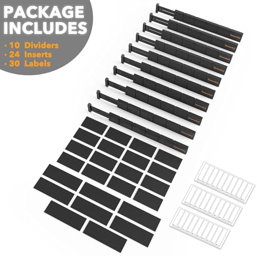 SpaceAid Bamboo Drawer Dividers with Inserts and Labels, Kitchen Adjustable Drawer Organizers, Expandable Organization for Home, Office, Dressers, 10 Dividers with 24 Inserts (17"-22" Black)