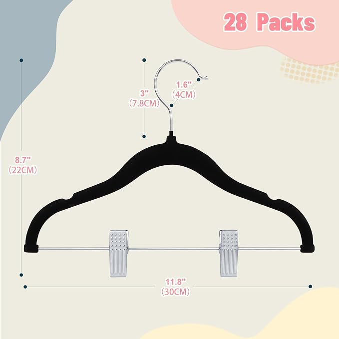 ManGotree 11.8'' Baby Velvet Hangers with Movable Clips, Non-Slip Kids Felt Hangers, Ultra-Thin Space-Saving Children's Clothes Hangers for Skirts, Pants, Dresses, Shirts, Jackets (28 Pack, Black)
