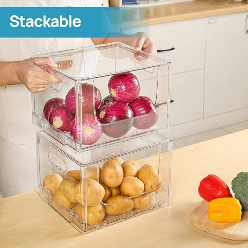 ANUMITRA 2 Pack Large Foldable Open Front Storage Bins with Lids, Stackable Clear Plastic Container Organizer for Pantry