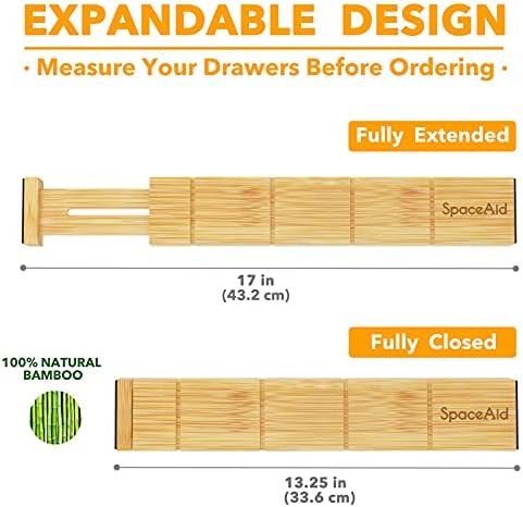 SpaceAid Bamboo Drawer Dividers with Inserts and Labels, Kitchen Adjustable Drawer Organizers, Expandable Organization for Home, Office, Dressers and Bathroom, 6 Dividers with 12 Inserts (13.25-17 in)