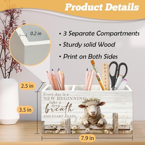 Motivational Sheep Pen Holder Organizer for Desk Accessories, Sheep Gifts for Women, Farmhouse Daisy Floral Lamb Positive Wooden Box Sign Desk Decorations for Home Office Decor