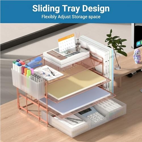 ECOLOVI Desk Organizer, 4-Tier Paper Organizer Letter Tray with File Holder, Drawer and 2 Pen Holders, Desktop File Organizer for Office Supplies, Workspace Storage, Rose Gold