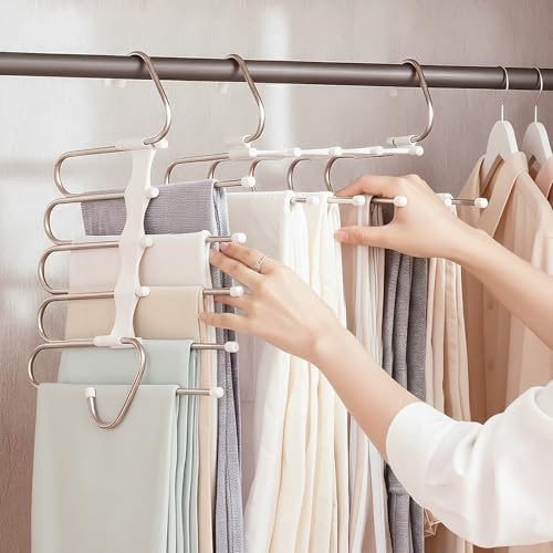 Pants Hangers Space Saving 5 Tier - 4 Pack Closet Organizers and Storage Closet Organizer,Anti-Slip Design,Closet Organizers and Storage for Pants Jeans Skirts Scarf Legging