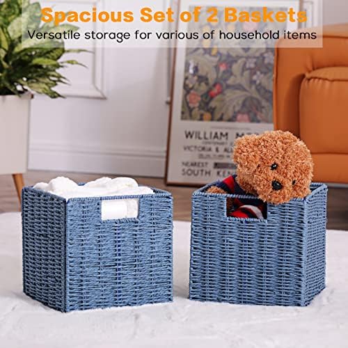 Vagusicc Wicker Storage Basket, Set of 2 Hand-Woven Storage Baskets for Shelves with Handles, Foldable Cube Storage Bins