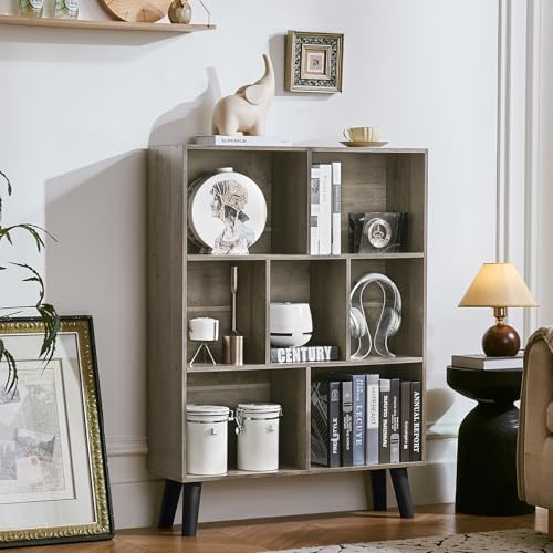 LEYAOYAO Cube Bookshelf, Mid-Century Modern Book Shelf with Legs,Retro Grey